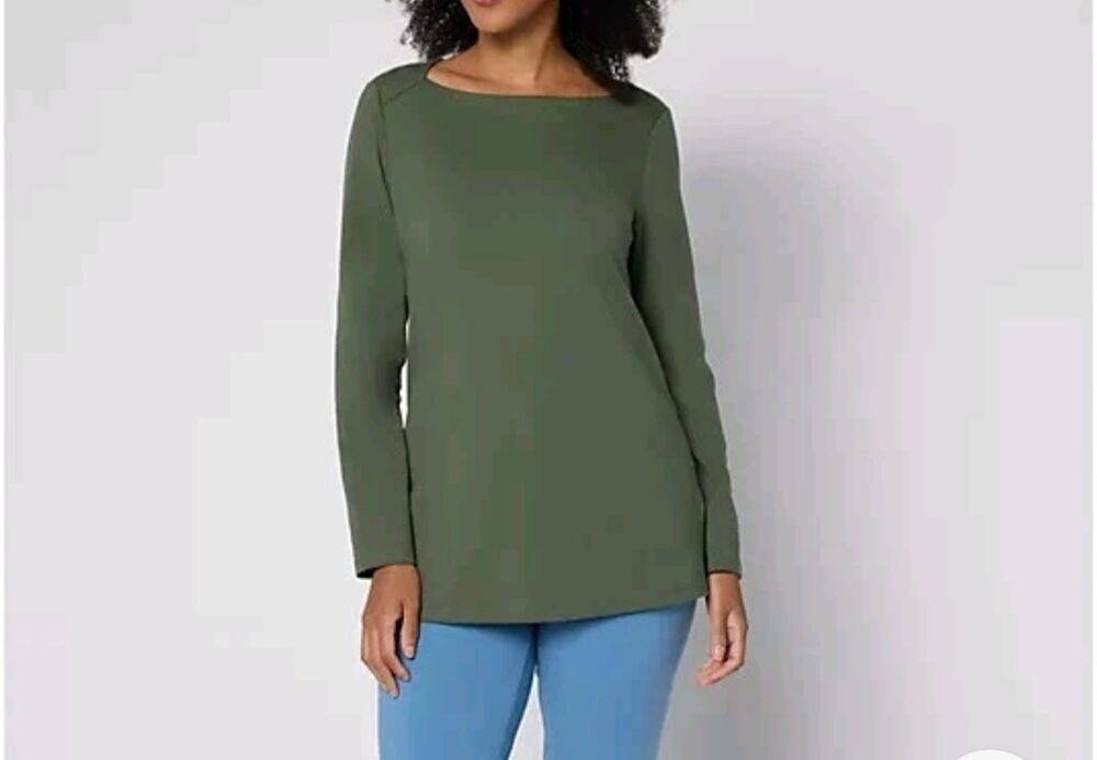 Denim & Co XL Light Olive Perfect Jersey Boat Neck Tunic A712483 NWOT